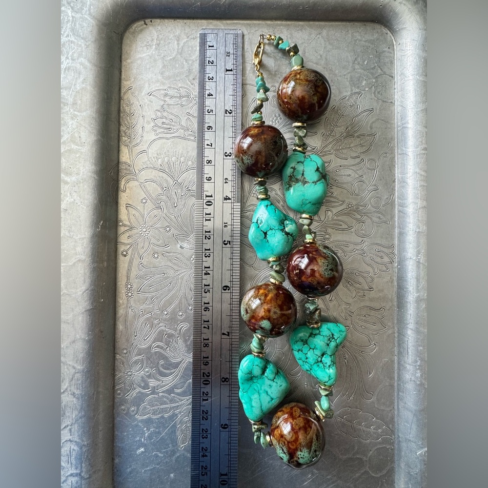 Handmade Turquoise Natural Stone and Ceramic Brown Beaded Necklace - Picture 5 of 7